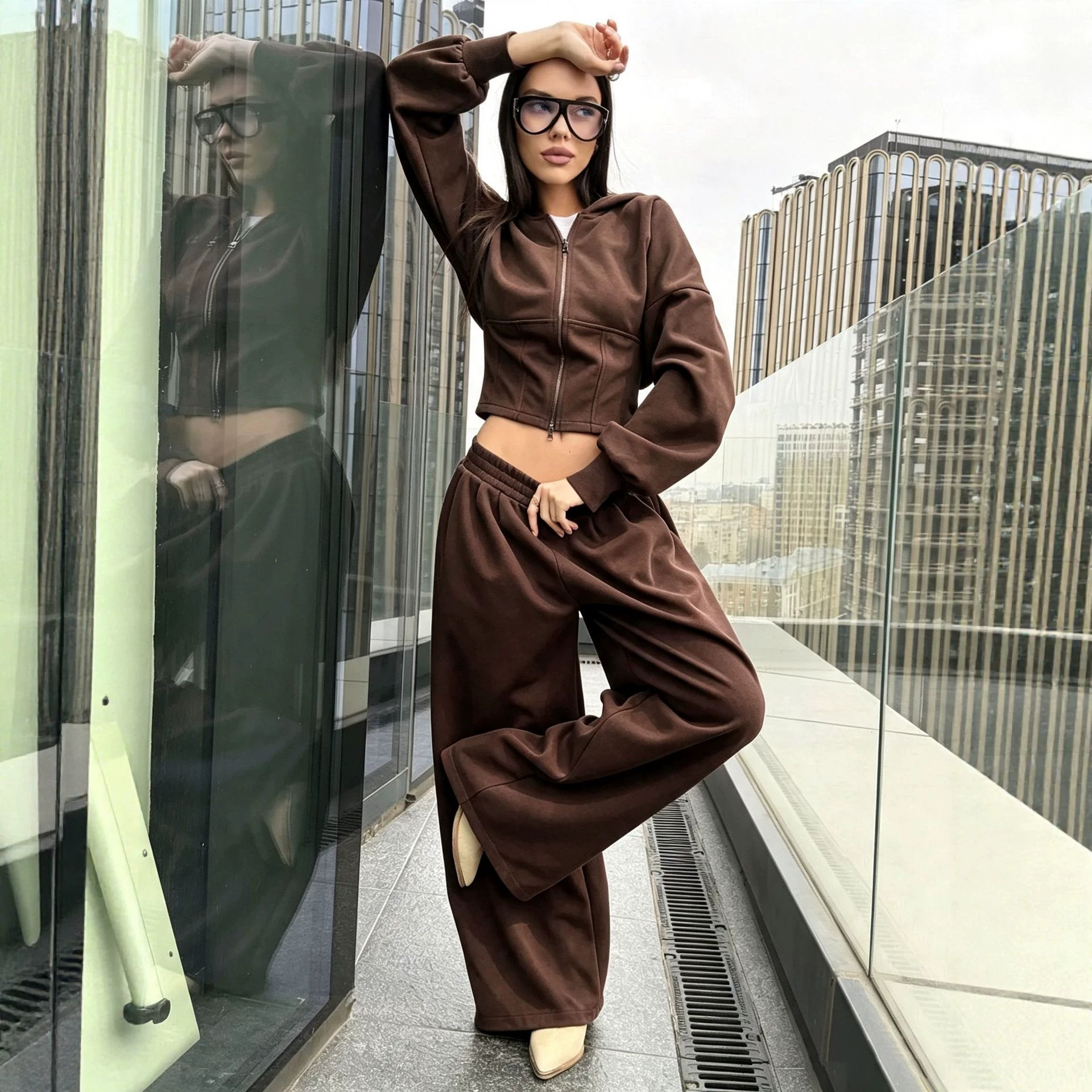 Women's Solid Zip-Up Hoodie and Wide-Leg Pants Two-Piece Set