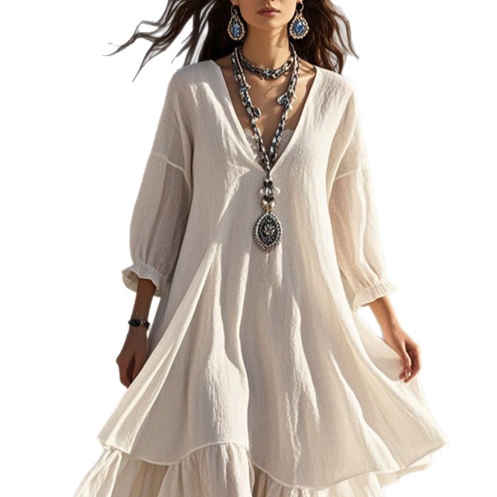 Women's Cotton-Linen Solid Color Long Sleeve V-Neck Long Dress