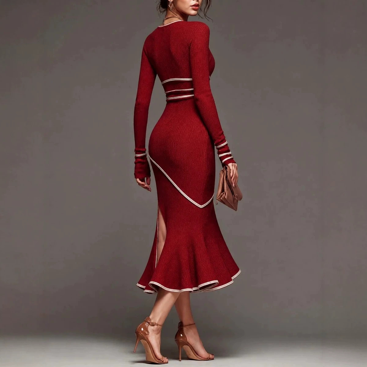 Wine Red Color-Block White Trim V-Neck Slit Mermaid Knit Dress