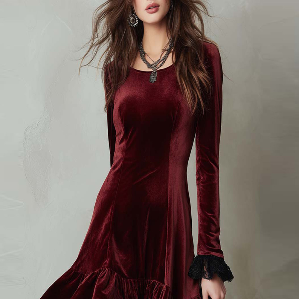 Women's French Lace Panel Dress Long Sleeve High Waist Midi
