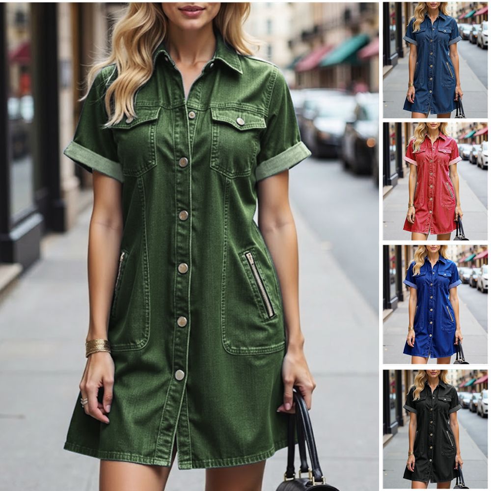 Women's Denim Midi A-Line Dress Short Sleeve Button-Front Shirt Collar