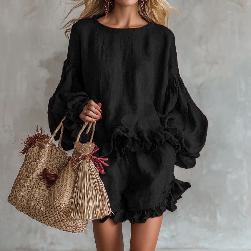 Women's Lantern Sleeve Ruffle Two-Piece Set