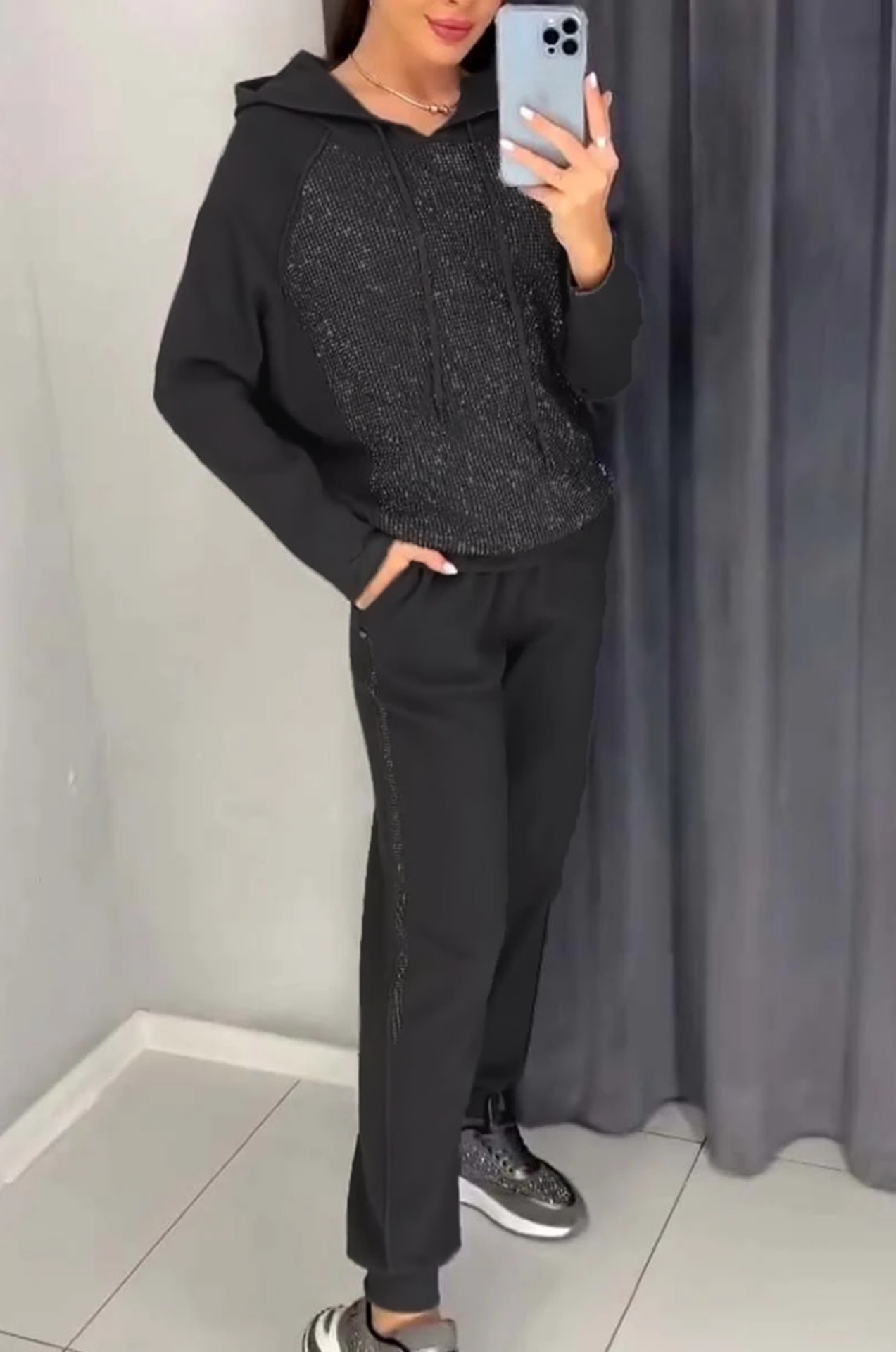 Women's Casual Hooded Rhinestone Sweatsuit with Pockets