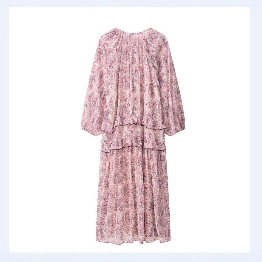 Layered Print Loose A-Line Long Dress with V-Neck and Ruffles