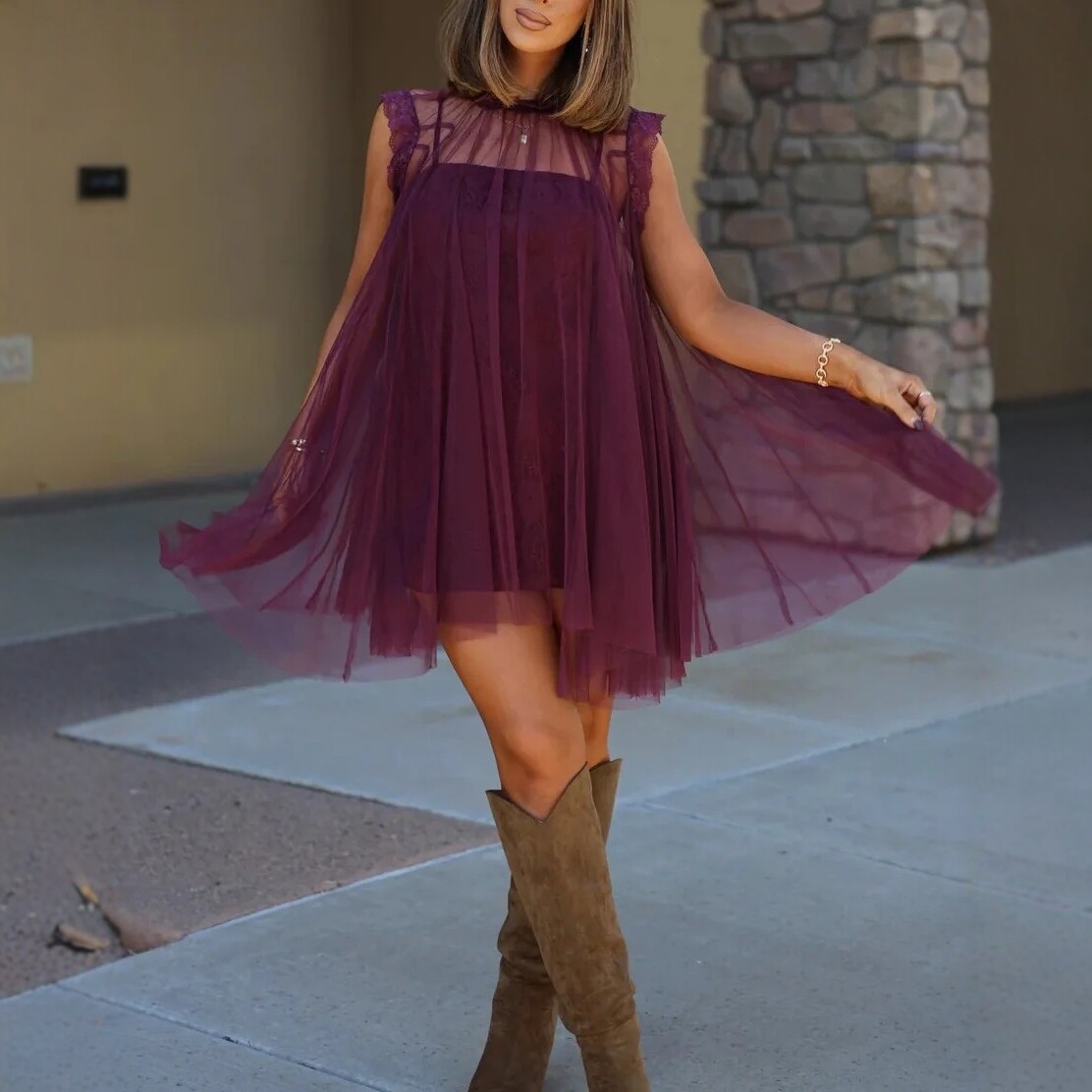 Purple Tulle Sleeveless Lace Panel Loose Short Dress
