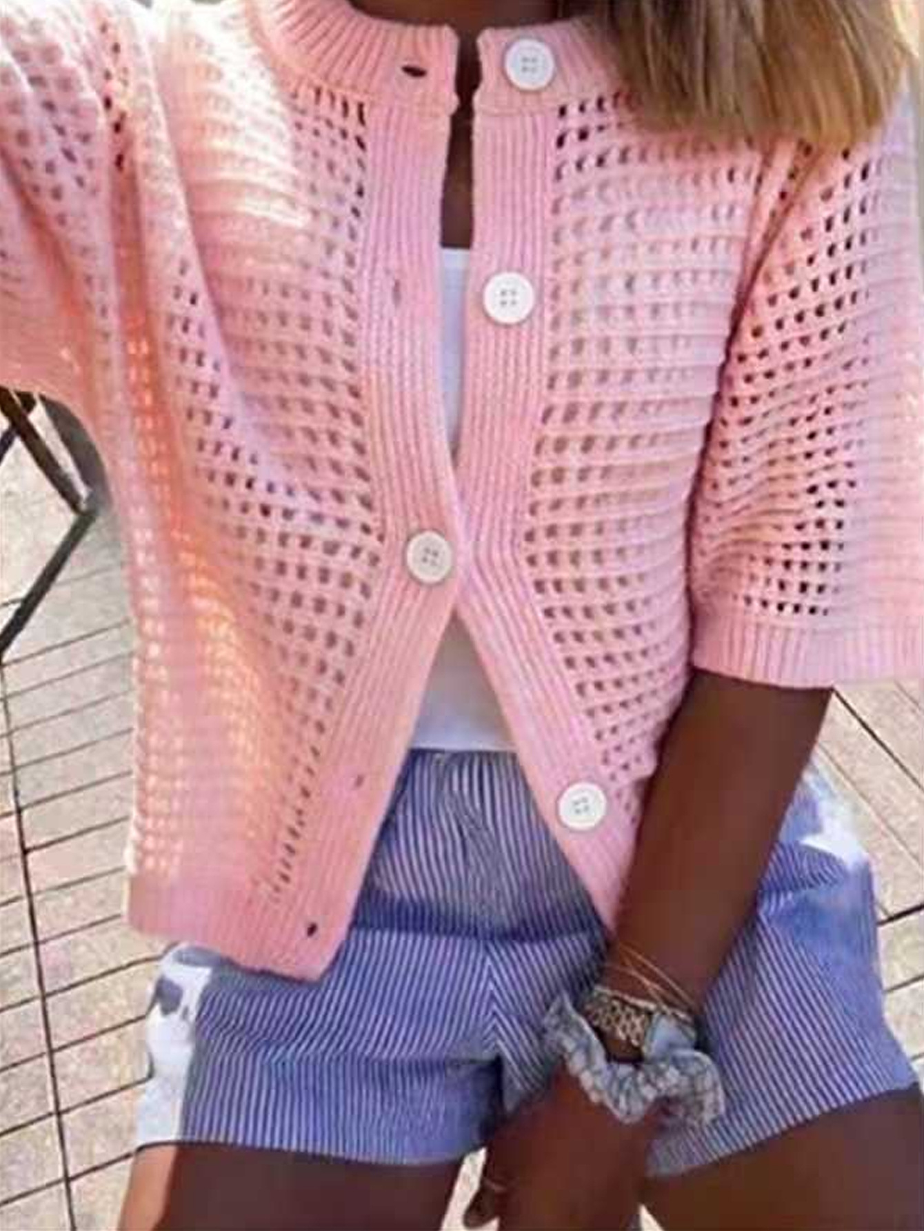 Women's French Style Crewneck Hollow Knit Short Sleeve Cardigan Sweater