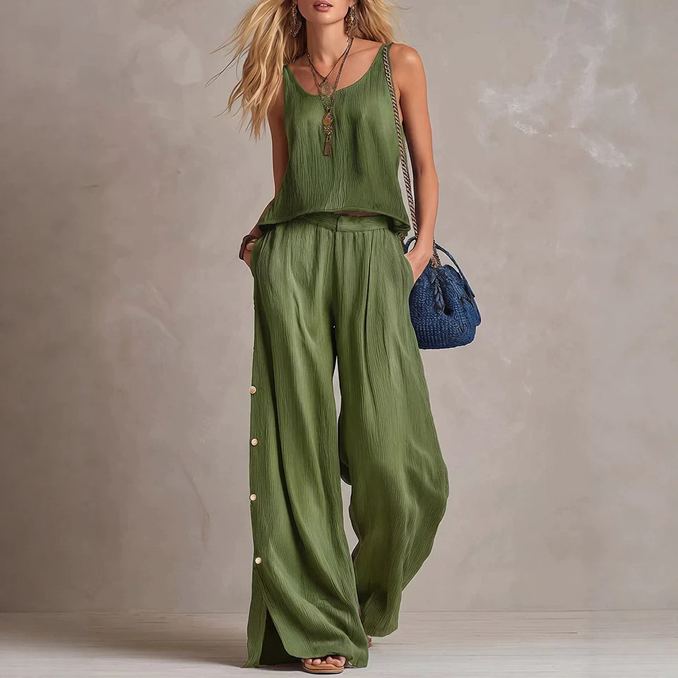 Women's Cotton Blend Sleeveless Top & Wide-Leg Pants Set