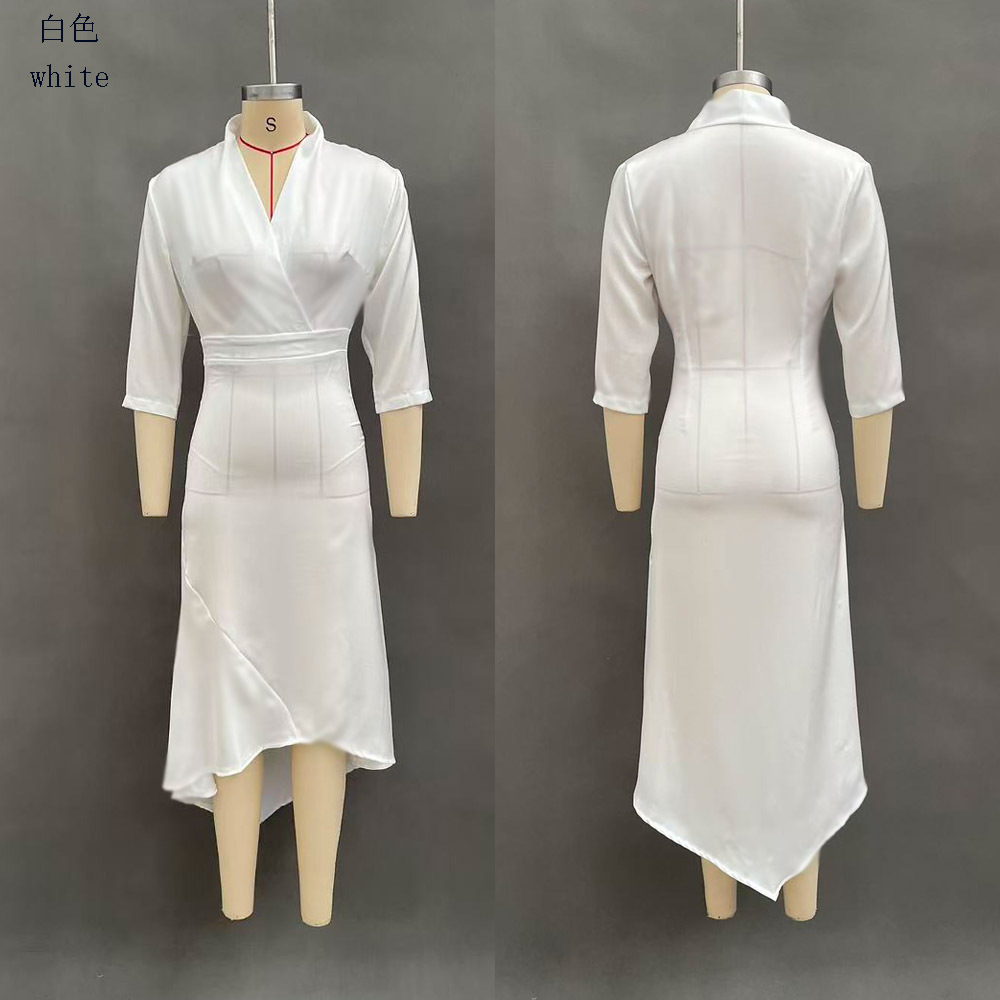 Elegant Solid V-Neck Long Sleeve Satin Asymmetric Dress