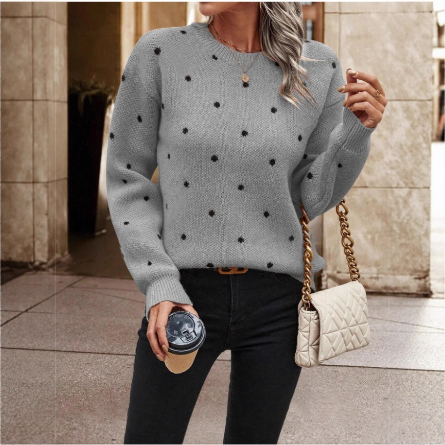 Polka Dot Jacquard Knit Pullover Sweater with Round Neck and Long Sleeves
