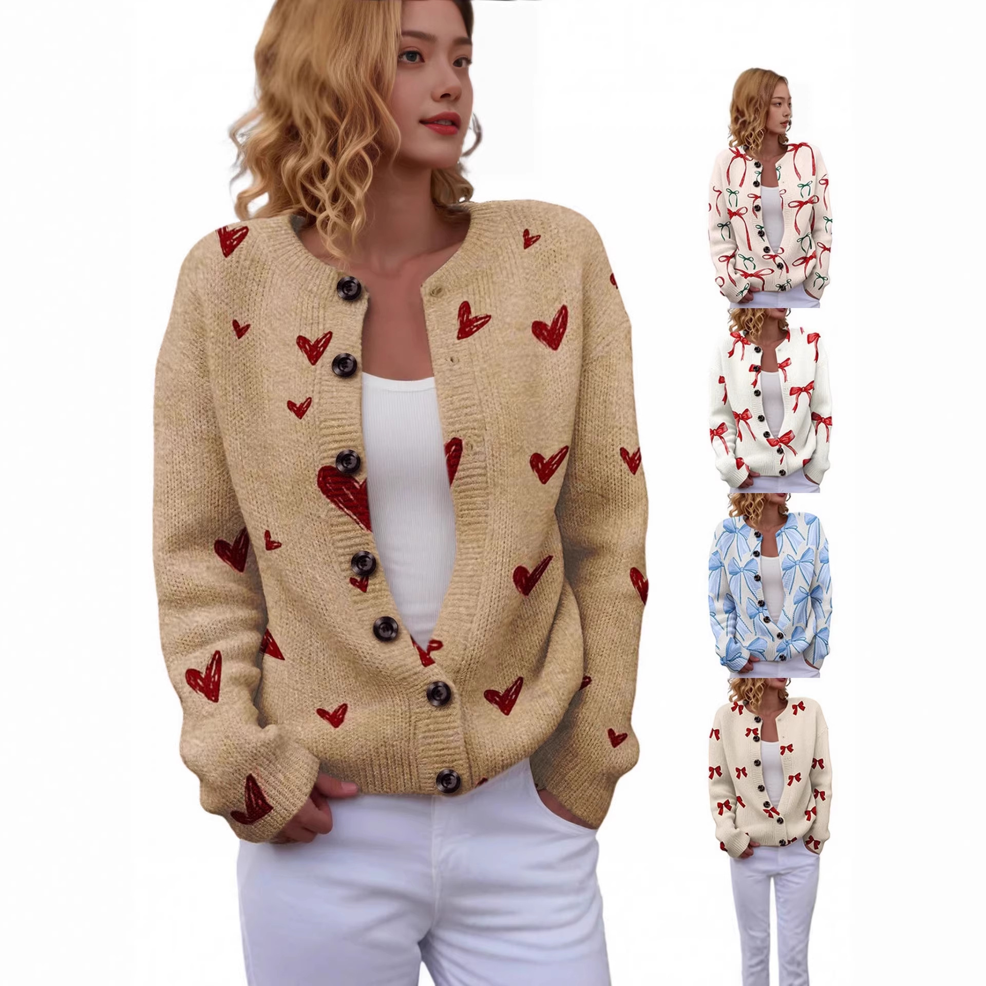Women's Heart Ribbon Bow Cherry Print Cardigan