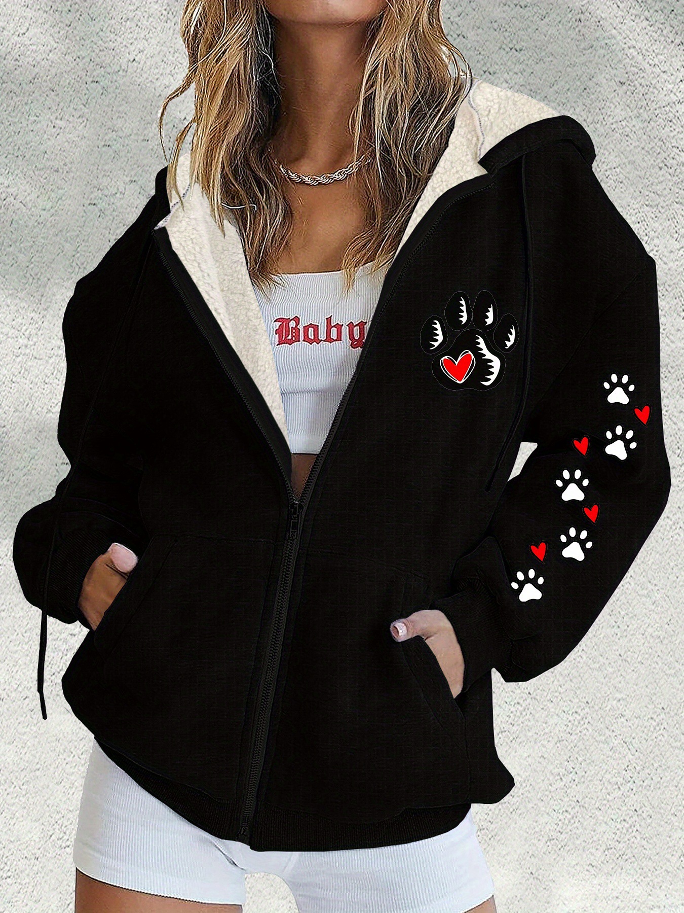 Women's Paw Print Heart Zip-Up Hoodie Long Sleeve Crew Neck