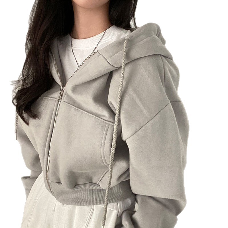 Women's Solid Zip-Up Hooded Cropped Hoodie