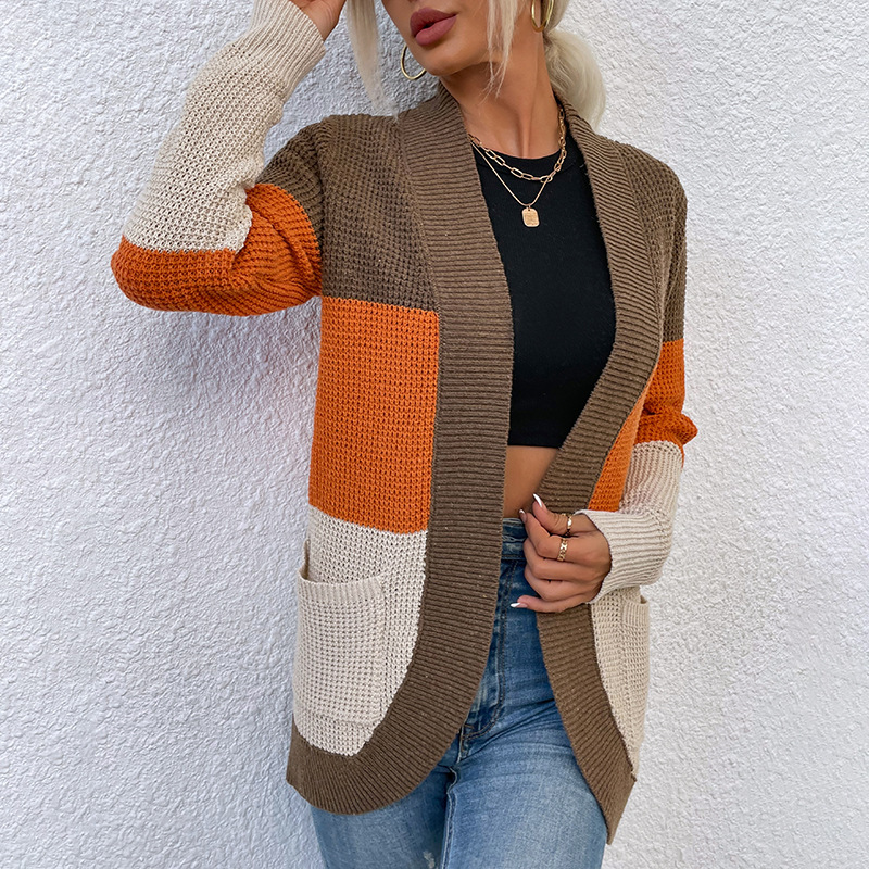 Women's Color-Block Knit Cardigan with Curved Pockets