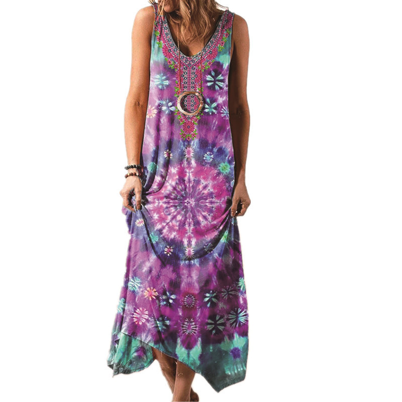 Vintage Spiral Tie-Dye Print Sleeveless Maxi Dress with Embroidered Neckline Loose Fit