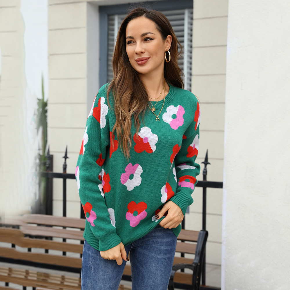 Plus Size Floral Colorblock Knit Sweater Long Sleeve Crew Neck Pullover