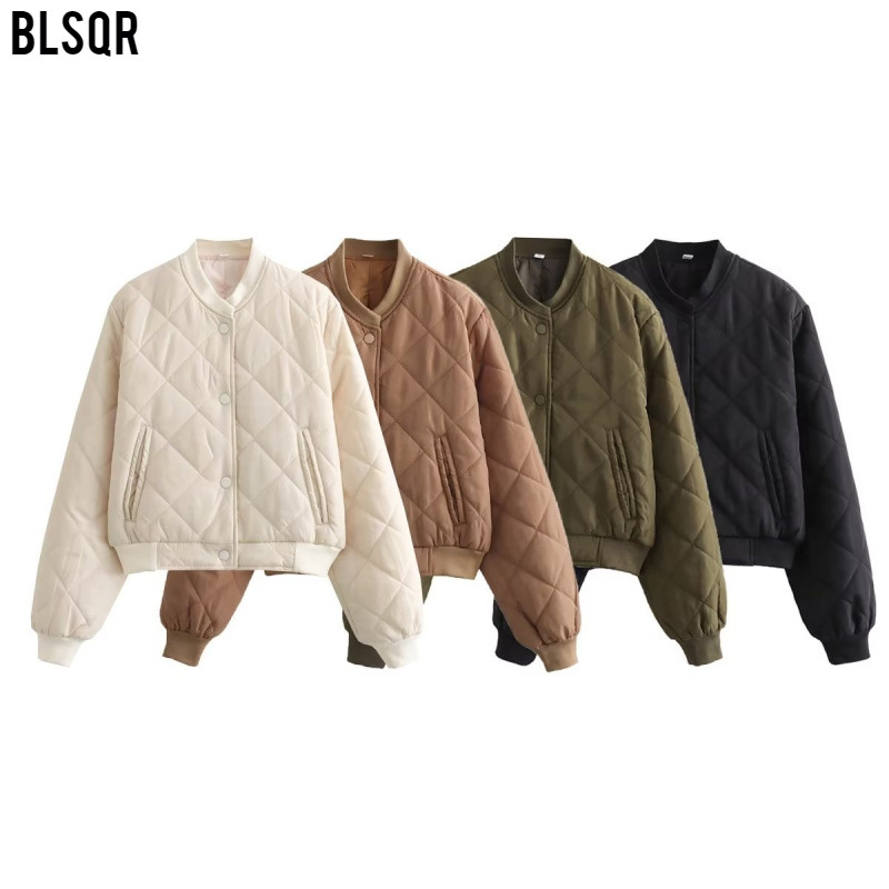 Women's Cropped Puffer Bomber Jacket – Cozy Casual Stand Collar