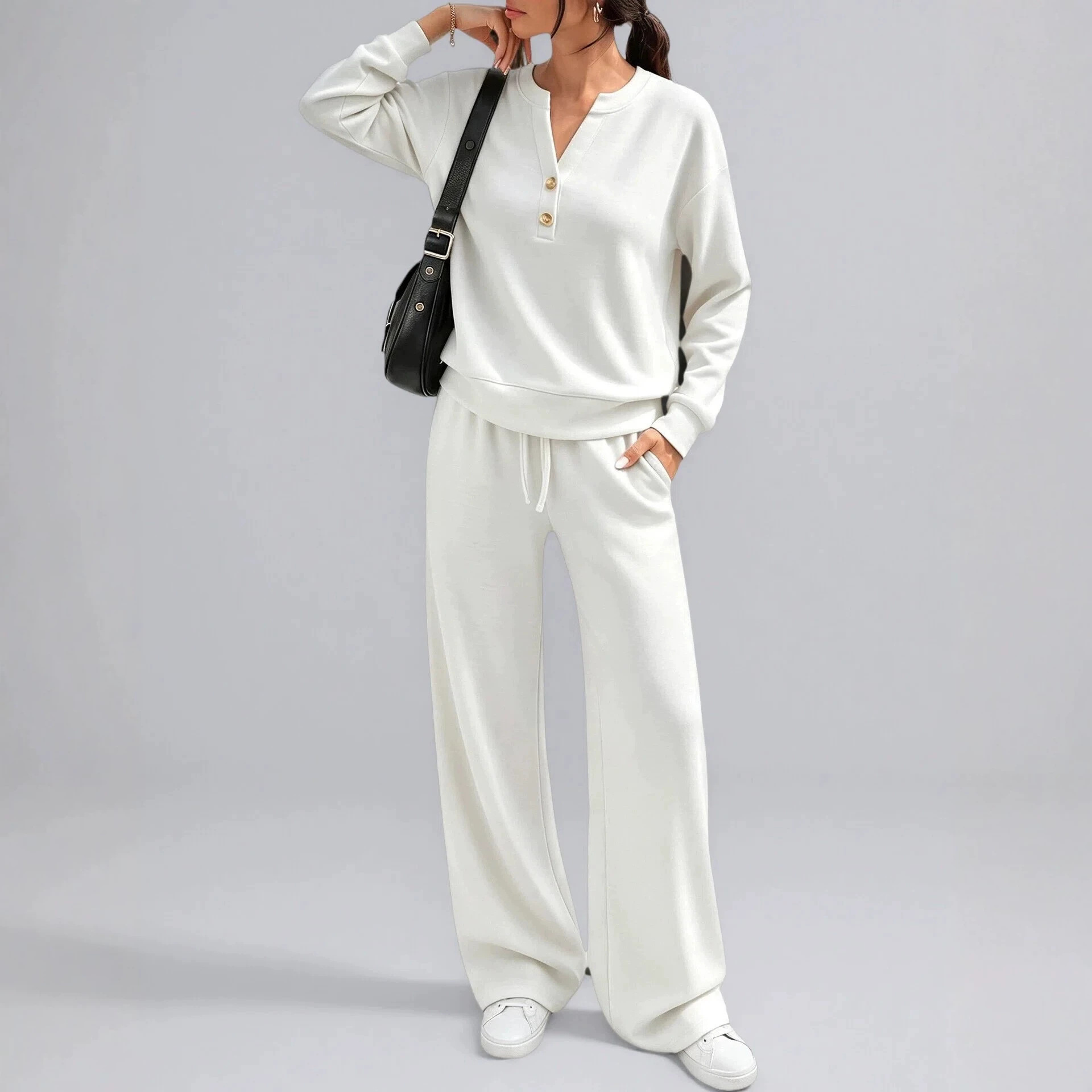 Women's Casual Two-Piece Set Long Sleeve Top & Wide-Leg Pants