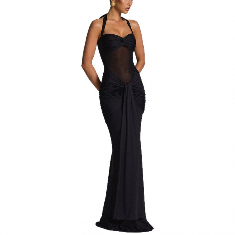 Women's Elegant Open Back Ruched Bodycon Long Dress