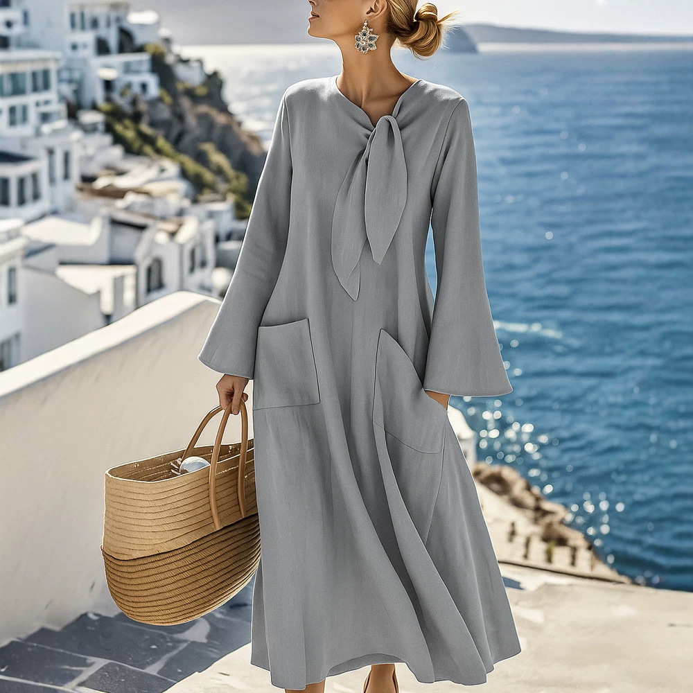 Women's Casual Loose Solid Color Cotton-Linen Round Neck Long Sleeve Pocket Dress