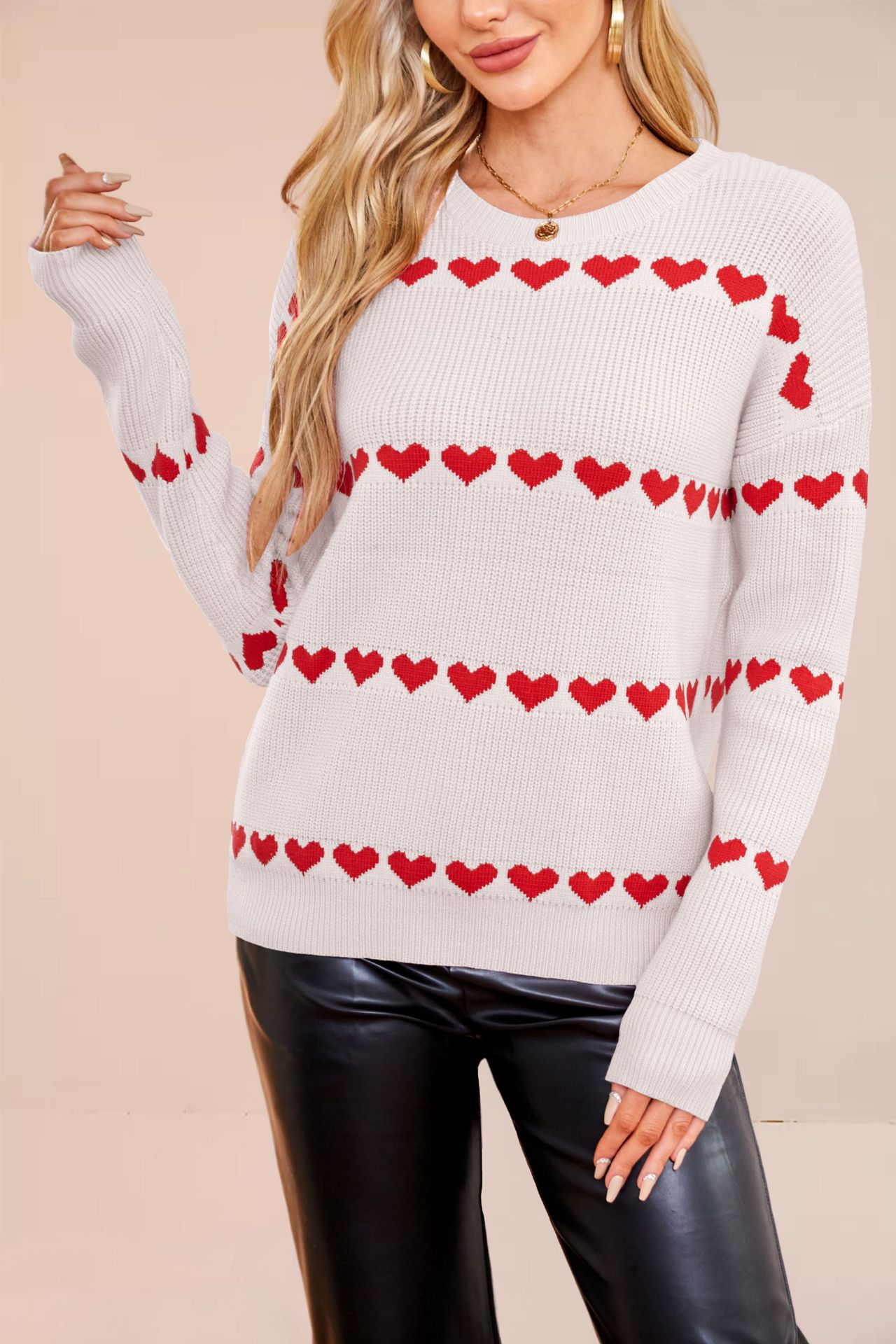 Heart Print Pullover Knit Sweater Oversized Crew Neck Long Sleeve