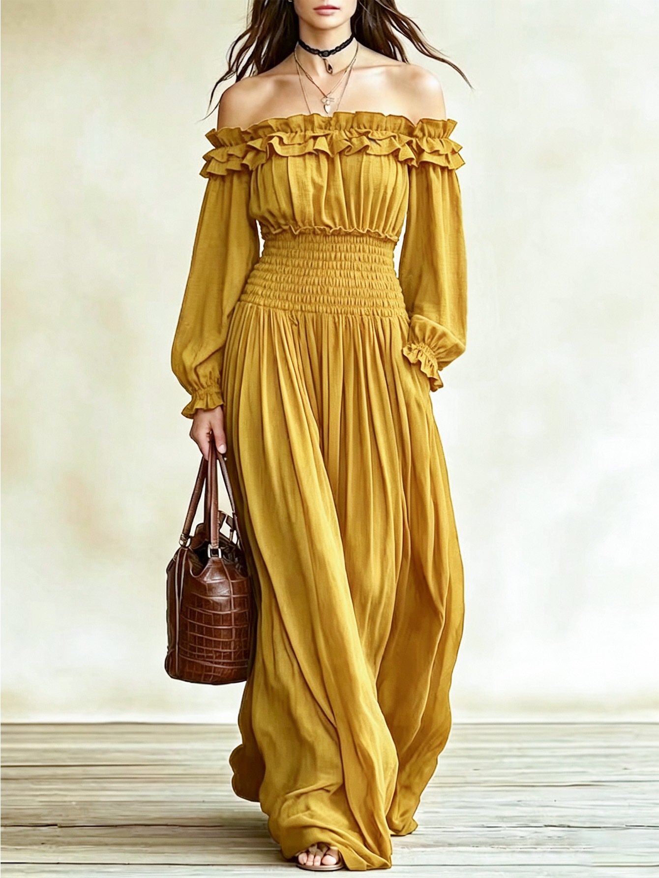 Women's Off-Shoulder Ruffle Long Sleeve Waist-Cinching Midi Dress
