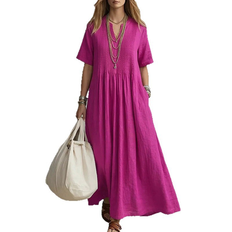 Women's Casual Vacation V-Neck Solid Color Loose Long Dress