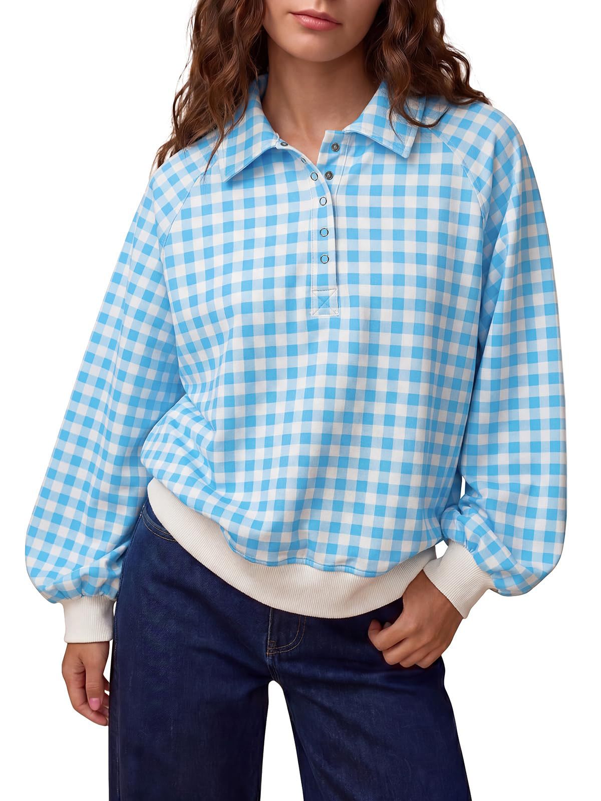 Women's Plaid Polo Neck Loose Long Sleeve Pullover Sweatshirt