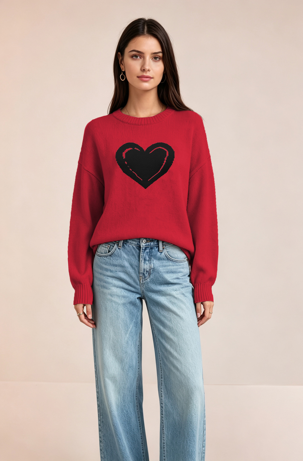 Heart Knit Sweater for Women Crewneck Long Sleeve Pullover