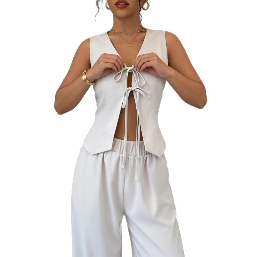 Women's Open-Front Tie Vest & Pants Lounge Set Hollow-Out Relaxed Fit