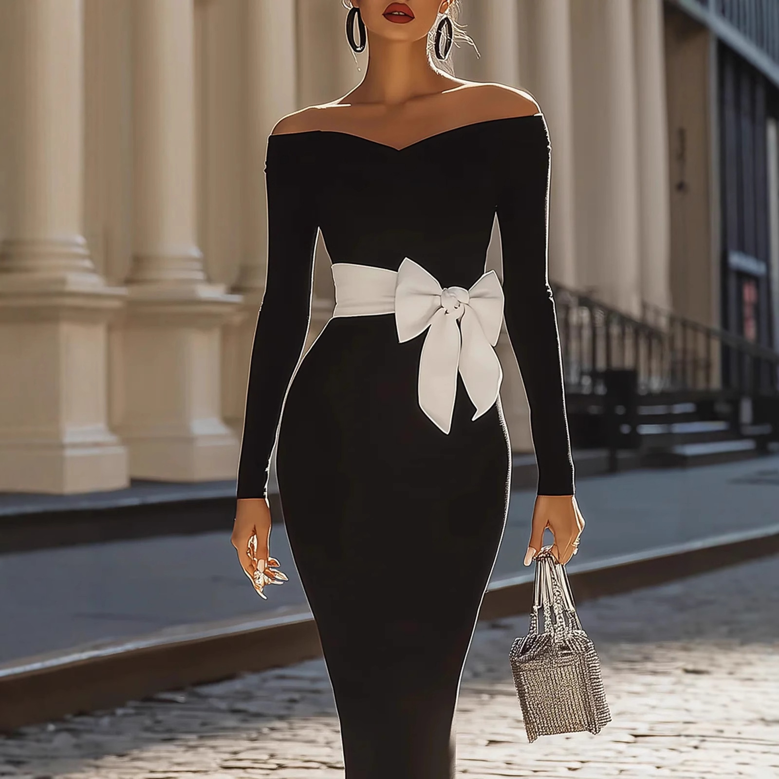 Long Sleeve V-Neck Bow Tie Bodycon Midi Dress
