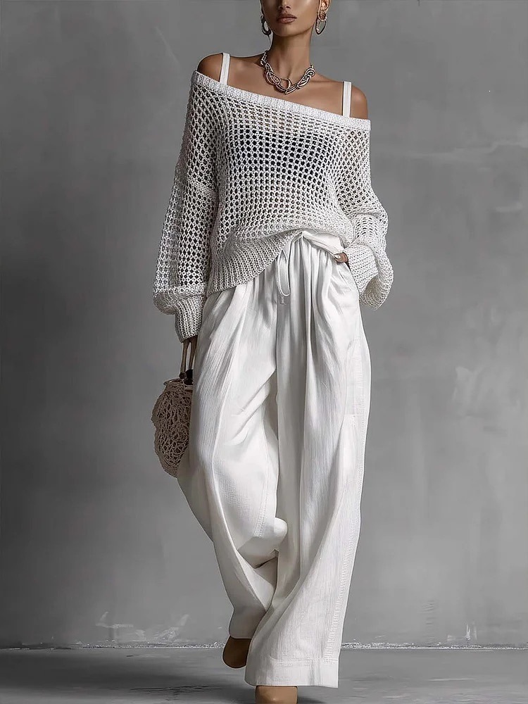 Women's Open-Knit Top and Cotton-Linen Pants Two-Piece Set
