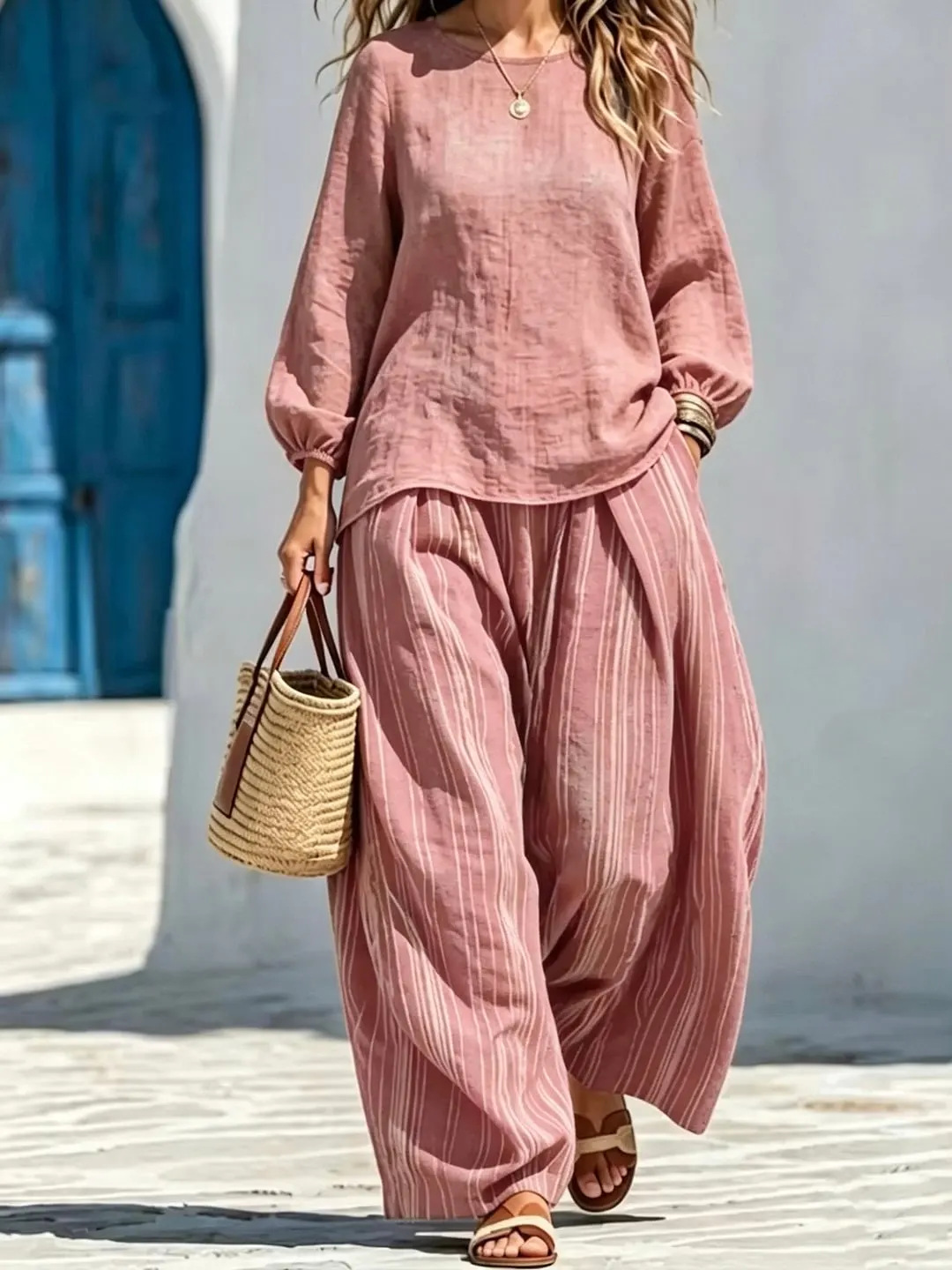 Women's Lantern Sleeve Top and Striped Wide-Leg Pants Set