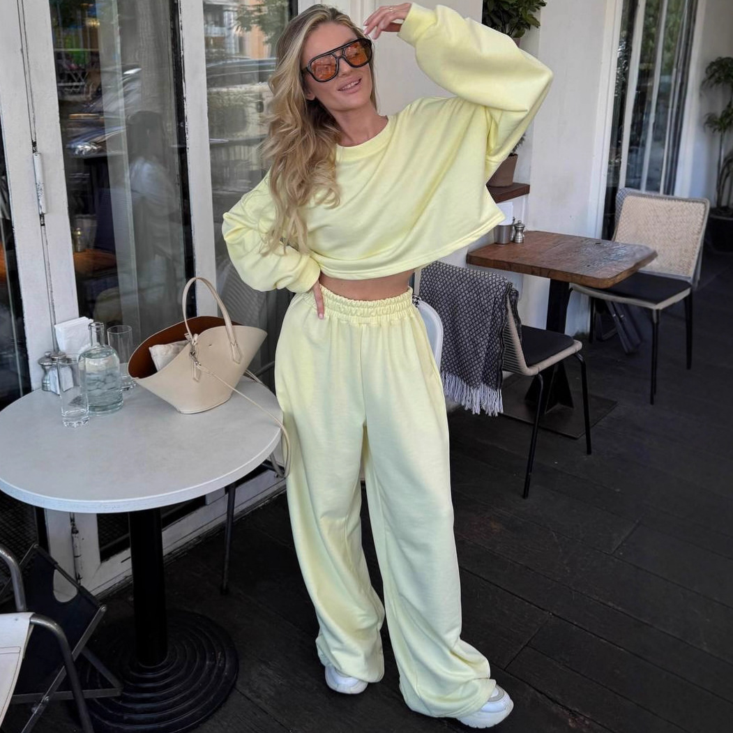 Women's Solid Color Long Sleeve Crew Neck Loose Top and Elastic Wide Leg Pants Two-Piece Set