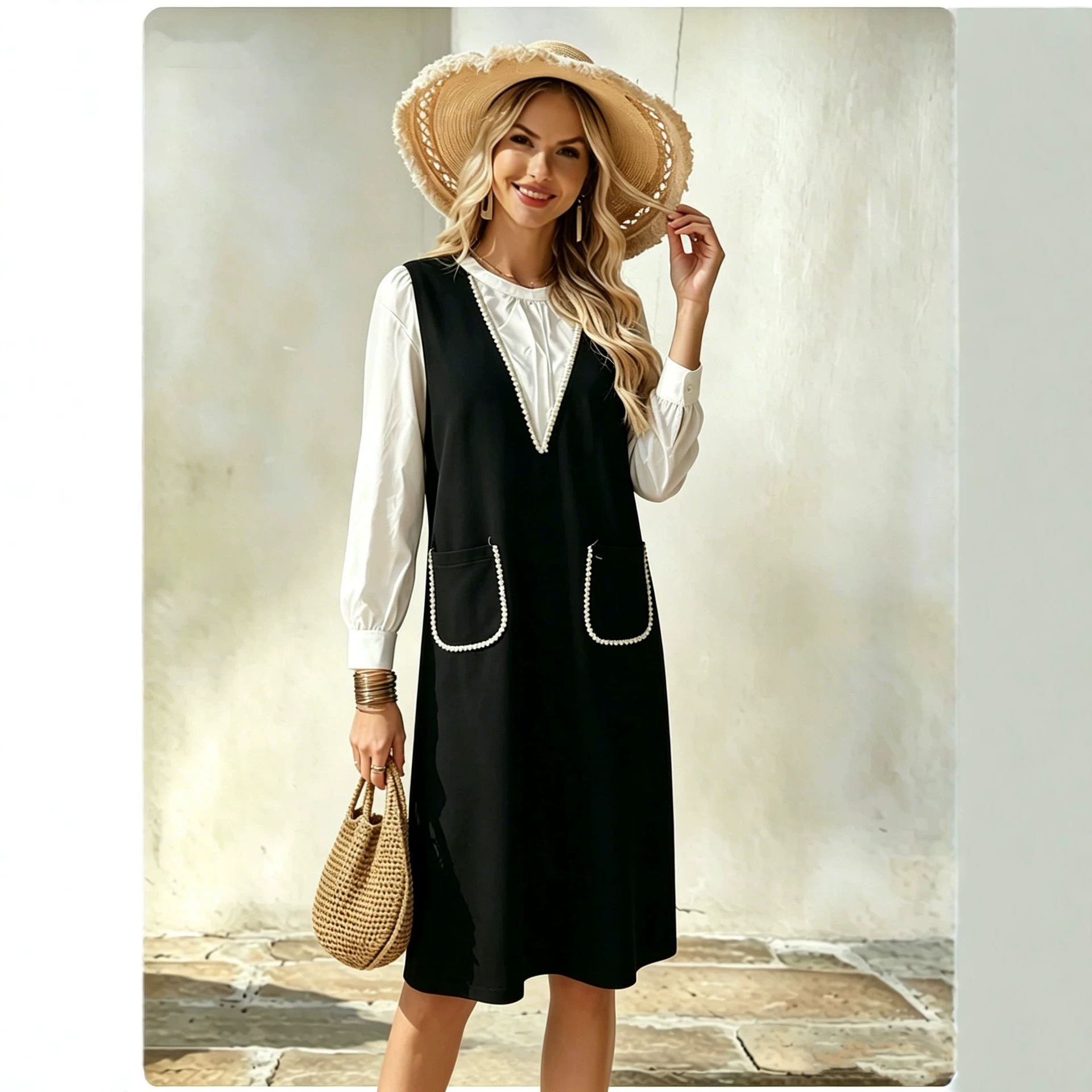 Women's Plus Size Colorblock Faux Two-Piece Long Sleeve Midi Dress