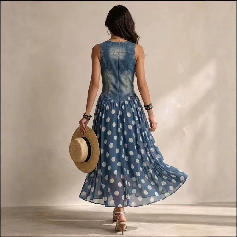 Polka Dot Faux Denim Print Sleeveless Long Dress