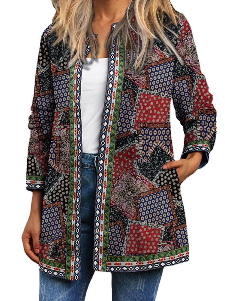 Women's Vintage Ethnic Print Long Sleeve Open Front Jacket Cardigan