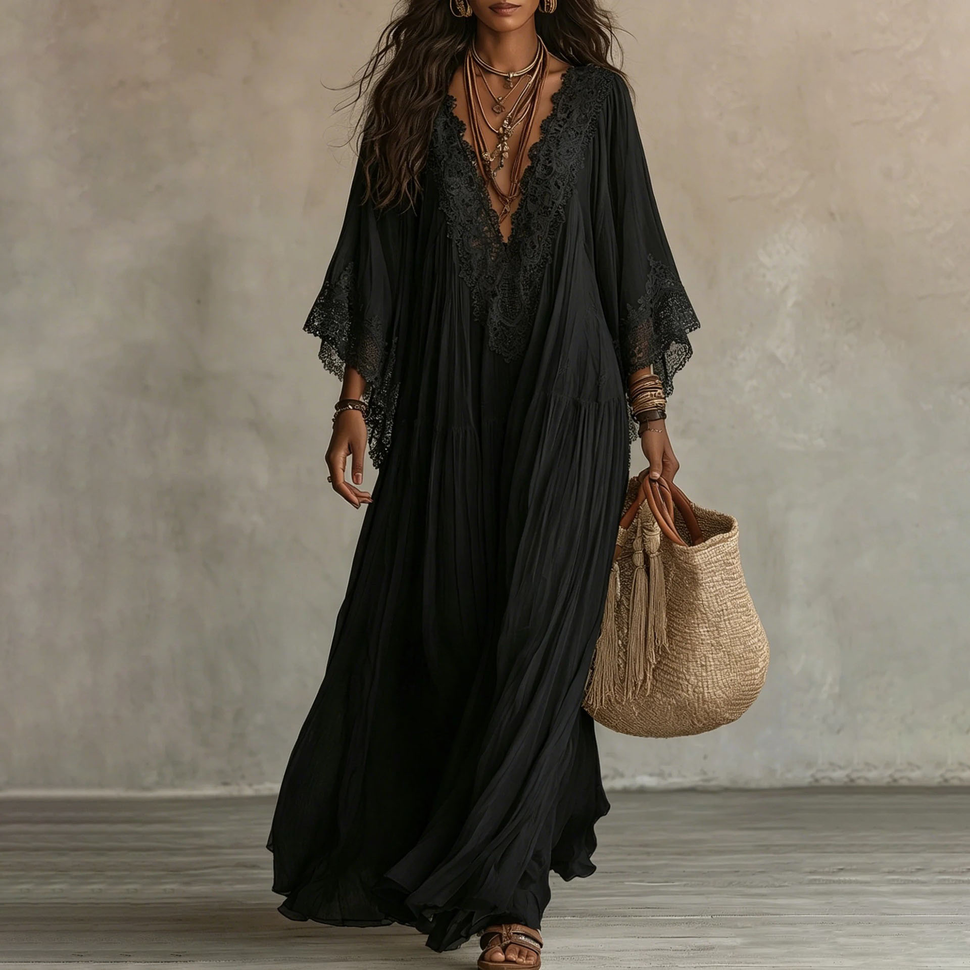 Lace V-Neck Batwing Sleeve Long Dress