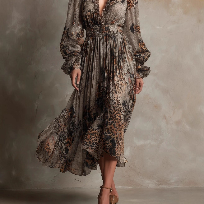 Bohemian Leopard Print Ruffle V-Neck Midi Dress
