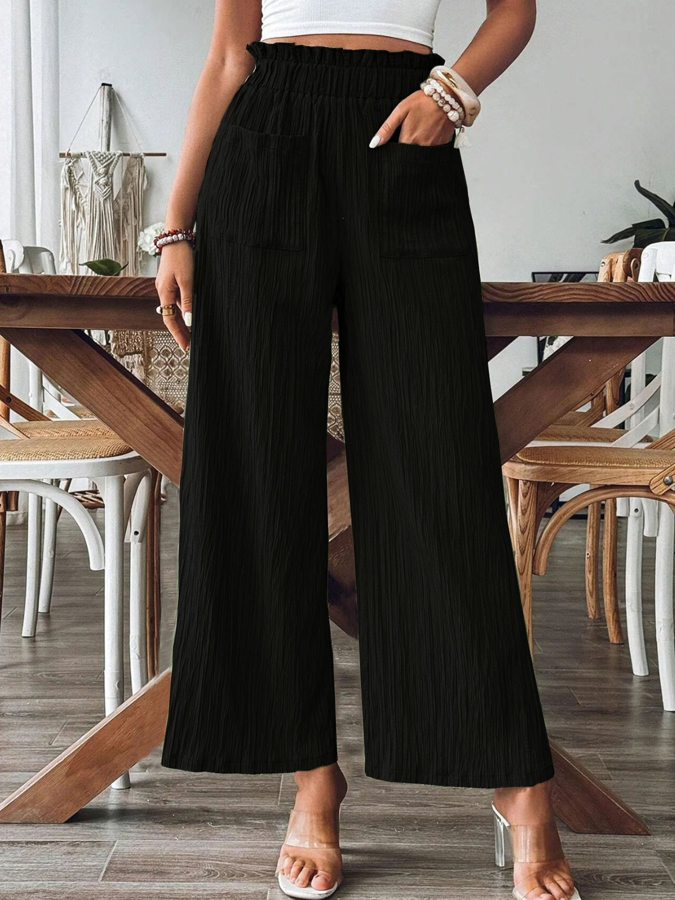 Women's Cropped Wide-Leg Pants with High Waist, Two Pockets, Textured Fabric, Slimming, Versatile, Commuter