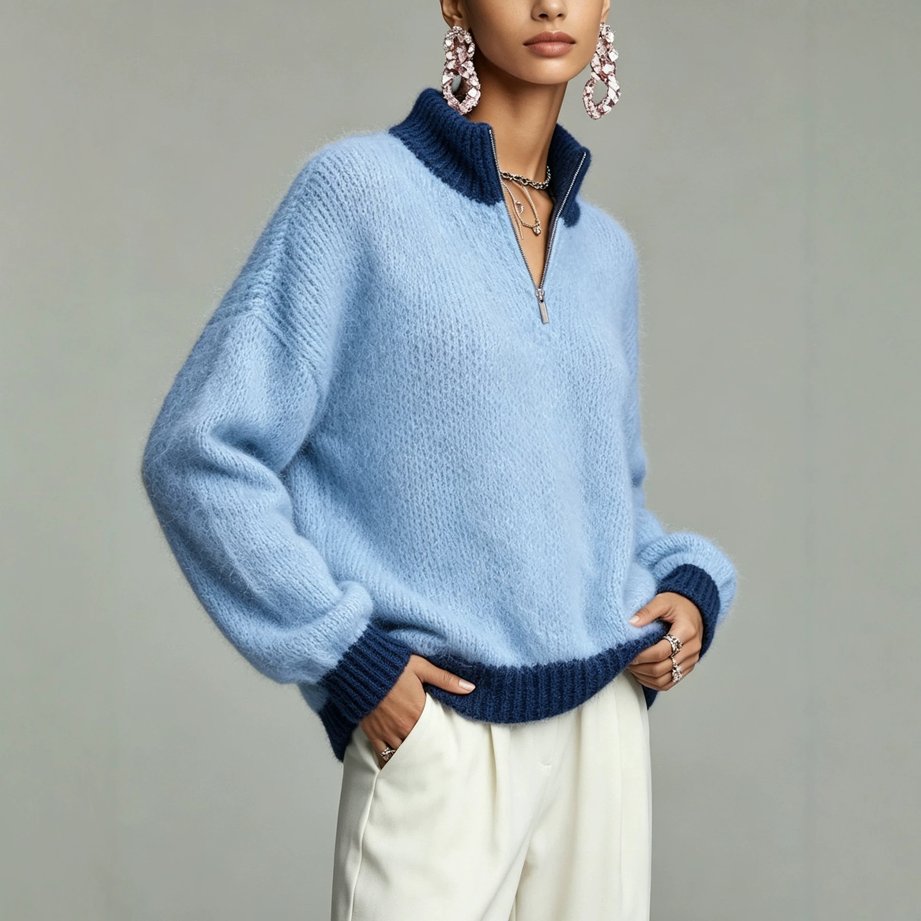 Women's Half-Zip Stand Collar Knit Sweater Soft Slim-Fit Casual Pullover