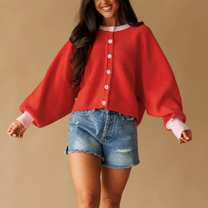 Women's Loose Knit Cardigan Color-Block Long Sleeve