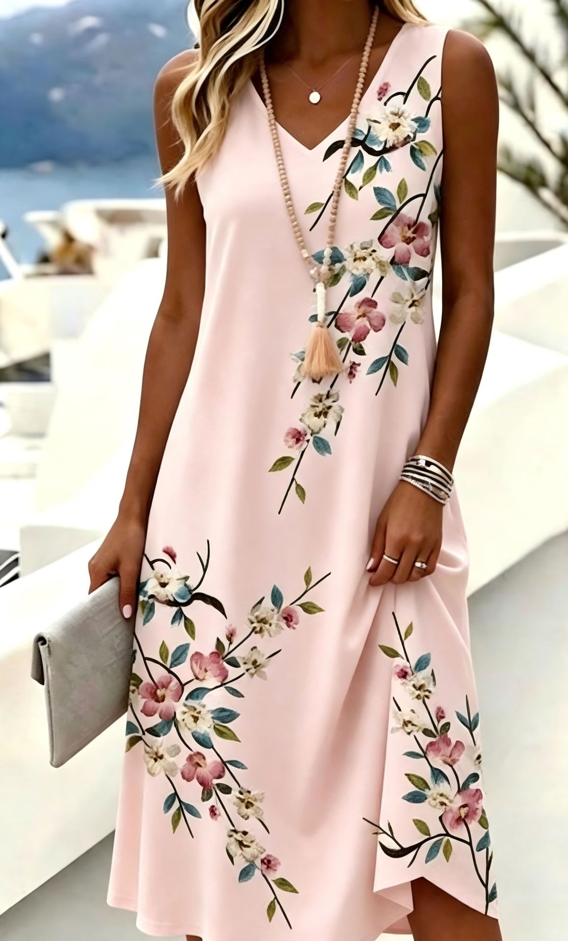 Women's Floral Print Deep V-Neck Bodycon Midi Dress Sleeveless Casual