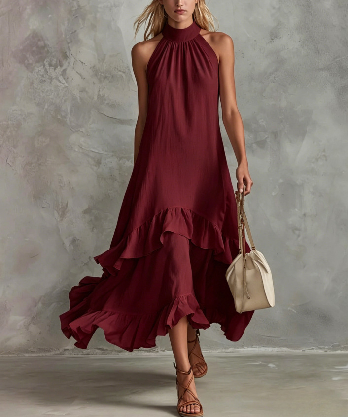 White Sleeveless Ruffle Midi Beach Dress