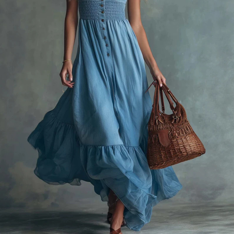 Denim Maxi Dress with Sheer Organza Hem
