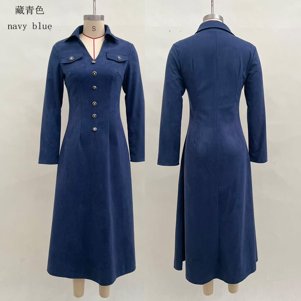 Women's Faux Suede Button-Front Long Sleeve Maxi Dress