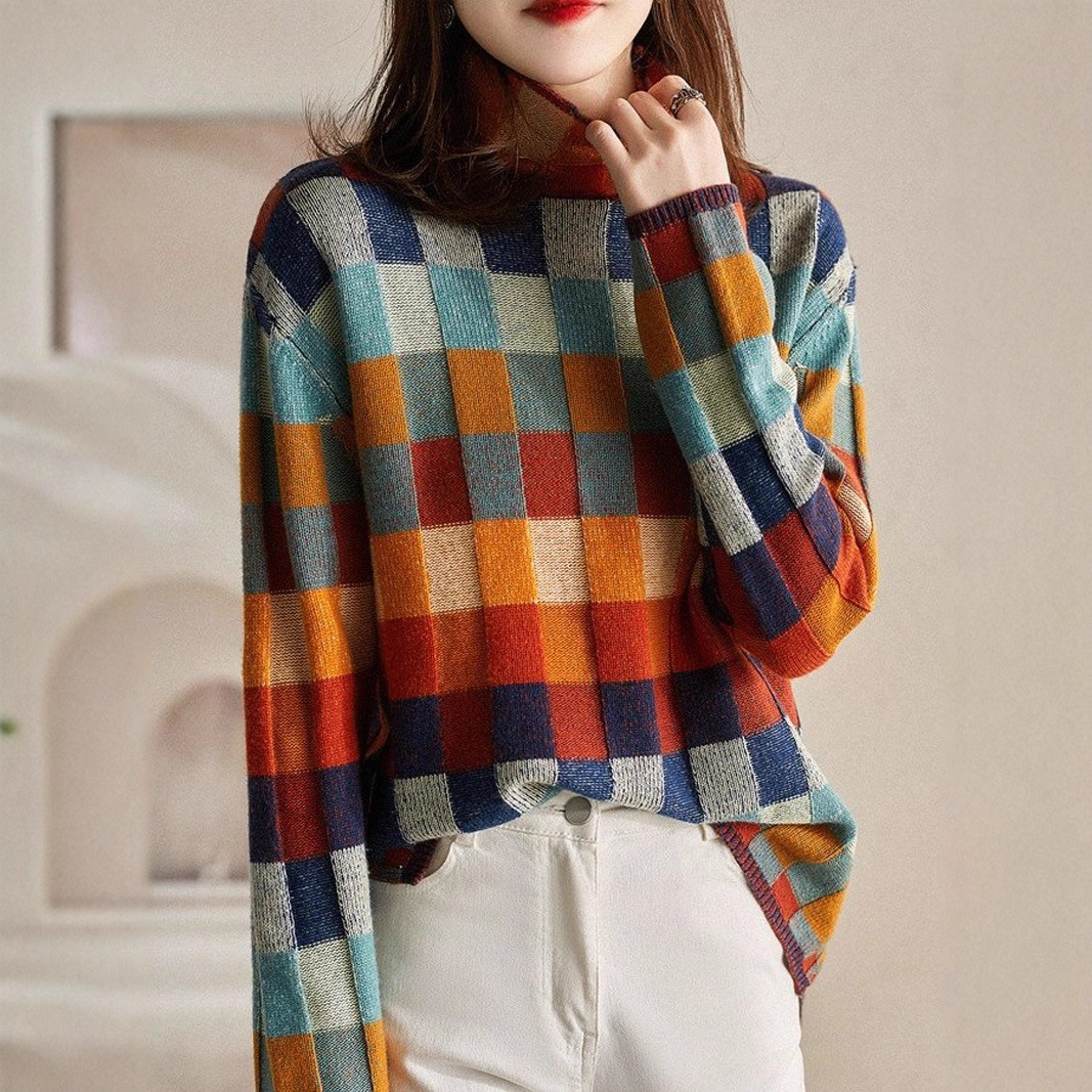 Colorful Checkered Turtleneck Knit Sweater for Women Long Sleeve Pullover