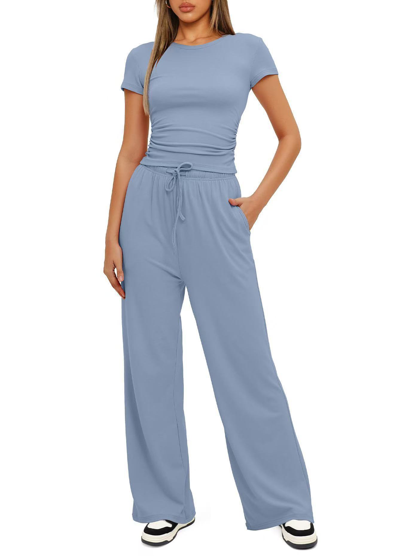 Women's Wide-Leg Two-Piece Set Short Sleeve Casual Commuter Outfit