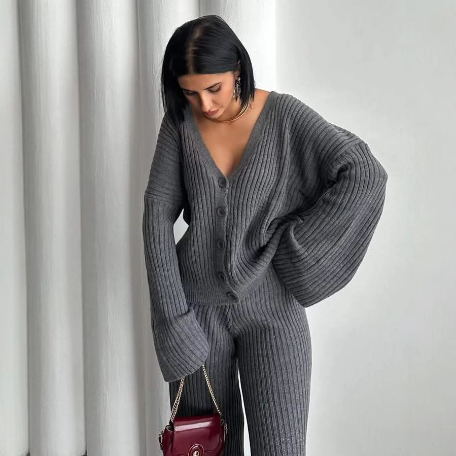 Women's Solid Color Button-Front Cardigan Sweater and Pants Set