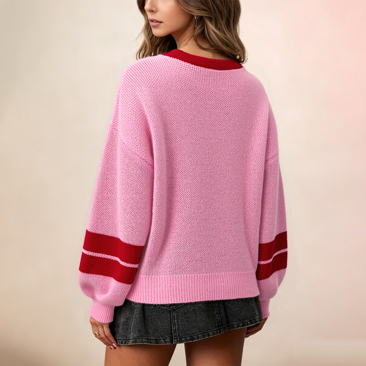 Heart Jacquard Knit Sweater Women's Lazy Round Neck Pullover