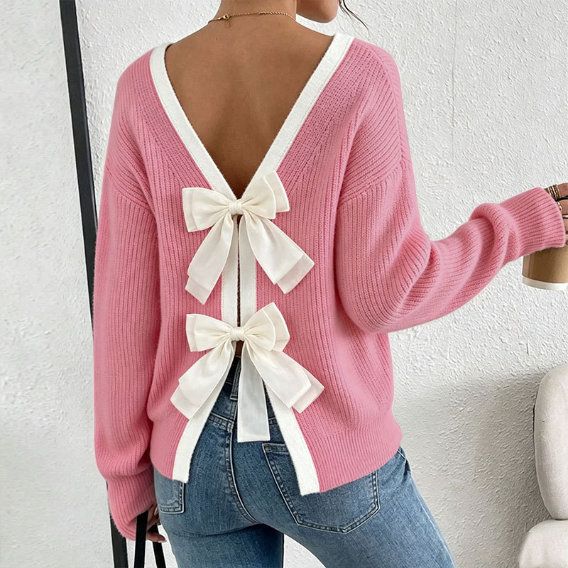 Women's Back Bow Crewneck Pullover Knit Sweater